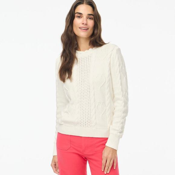 J. Crew Cable-Knit Hearts Crewneck Pullover Sweater Long Sleeve Ivory Small NWT - Picture 1 of 12